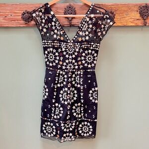 french connection black embroidered dress Aubrey 3D Lace Trim Mini Dress Black main image 1